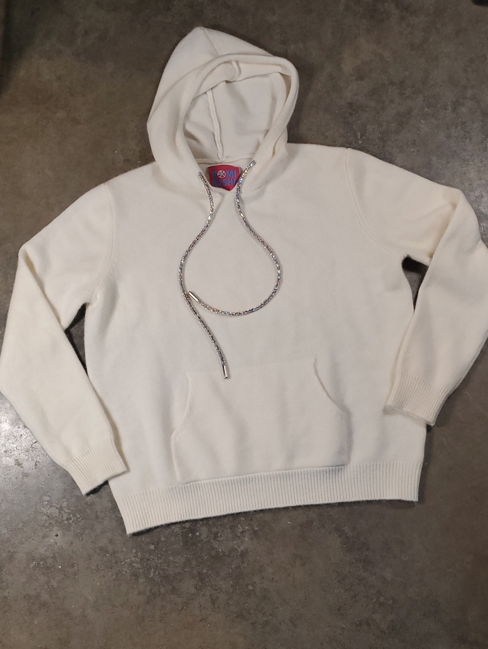 Romi Basha Cream Rhinestone Cashmere Hoodie Women One Size See measurement Photo
